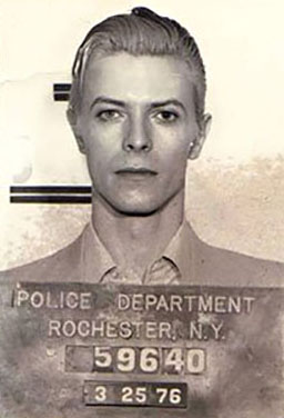 David Bowie's mugshot taken by police department, Rochester N.Y, in 1976 (detail)