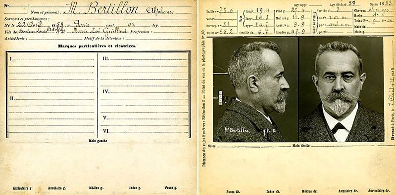 Fiche anthropométrique [anthropometric data sheet] de M. Alphonse Bertillon • Service Regional d’Identité Judiciaire, Préfecture de Police, Paris